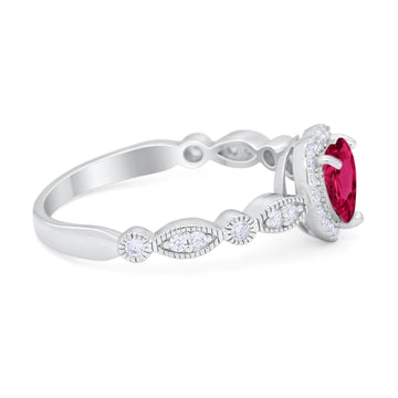 Art Deco Heart Promise Wedding Ring Simulated Ruby CZ 925 Sterling Silver